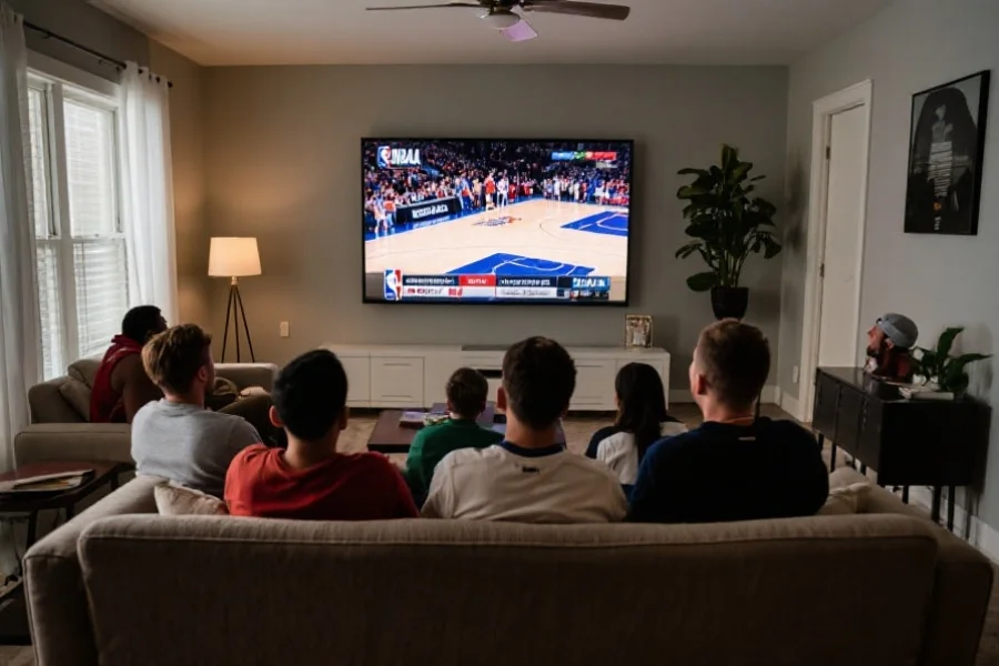 球迷们围坐在客厅大屏幕前一同观看NBA比赛直播,表情专注